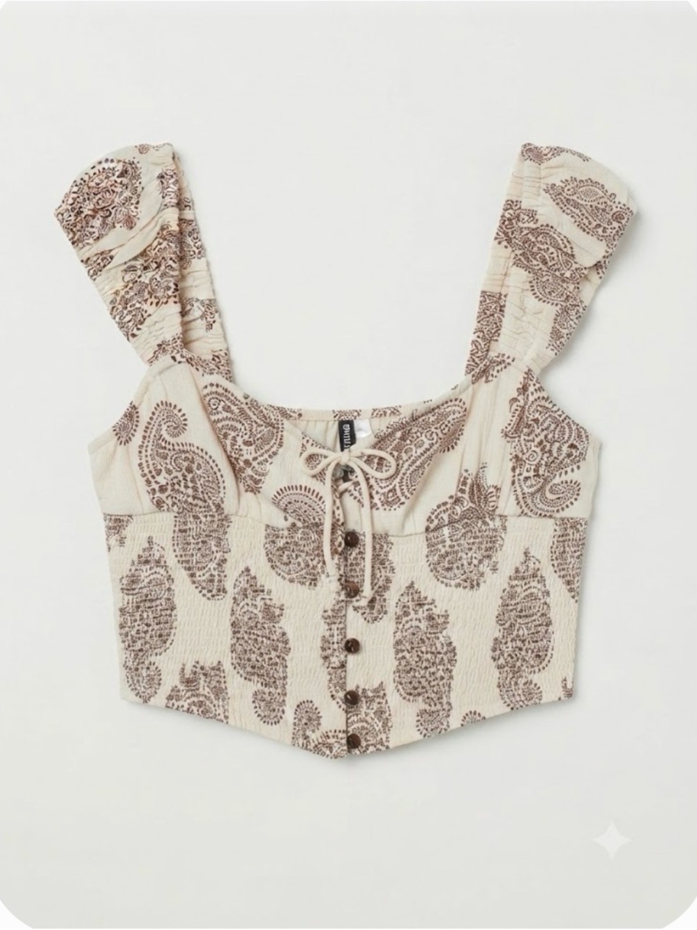 Divided Cream Paisley Smocked Crop Top with Front Buttons